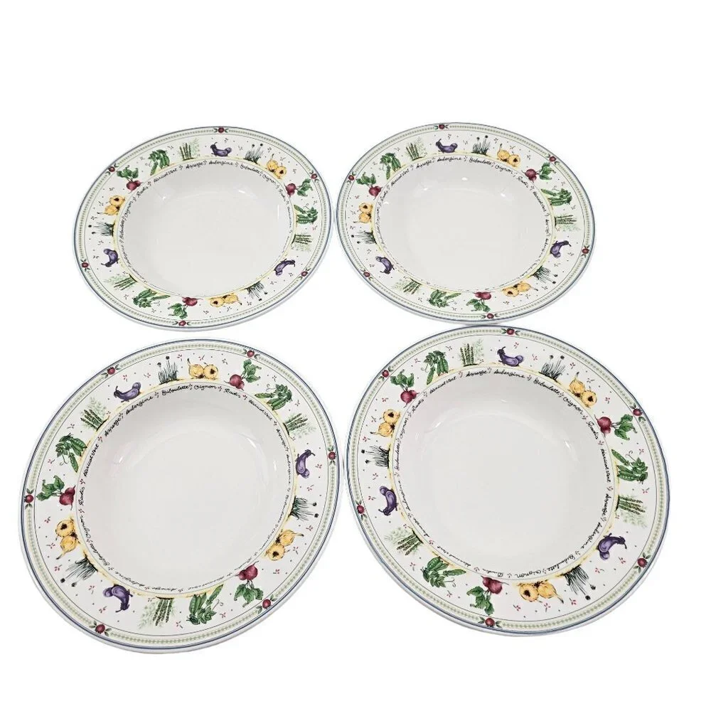 Mikasa Ultra Cream DX012 Garden Lane Vegetable Rim 9.25” Soup Salad Bowls - 4 PC